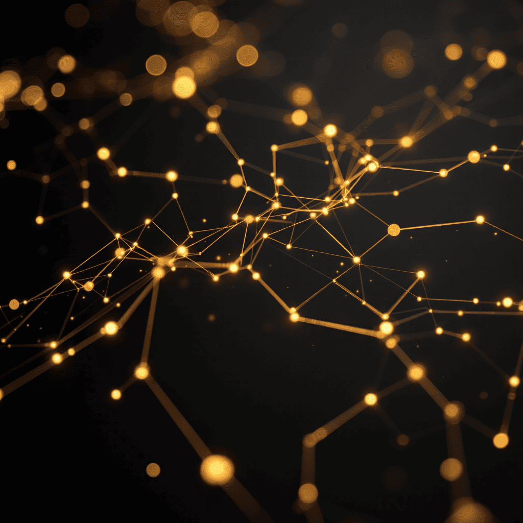 Black background with gold connected lines and dots.